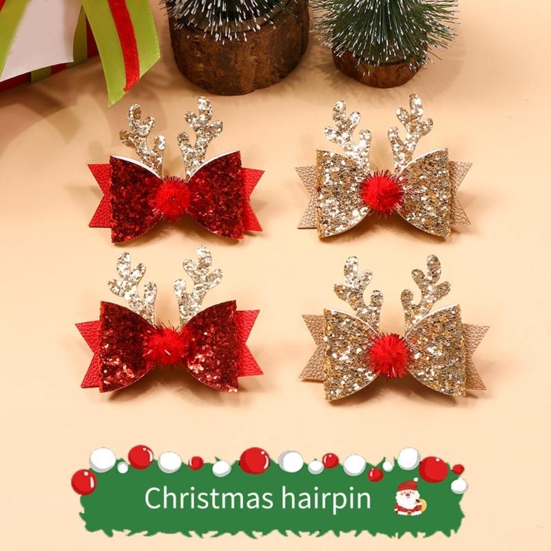 Sparkling Hair Clip with Sequins Cute Bowknot Deer Horn Hairpin for Girls Perfect Festive Headwear Christmas Present