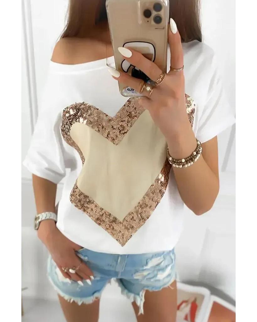 Azura Exchange White Valentines Day Sequined Heart Crew Neck Short Sleeve Top