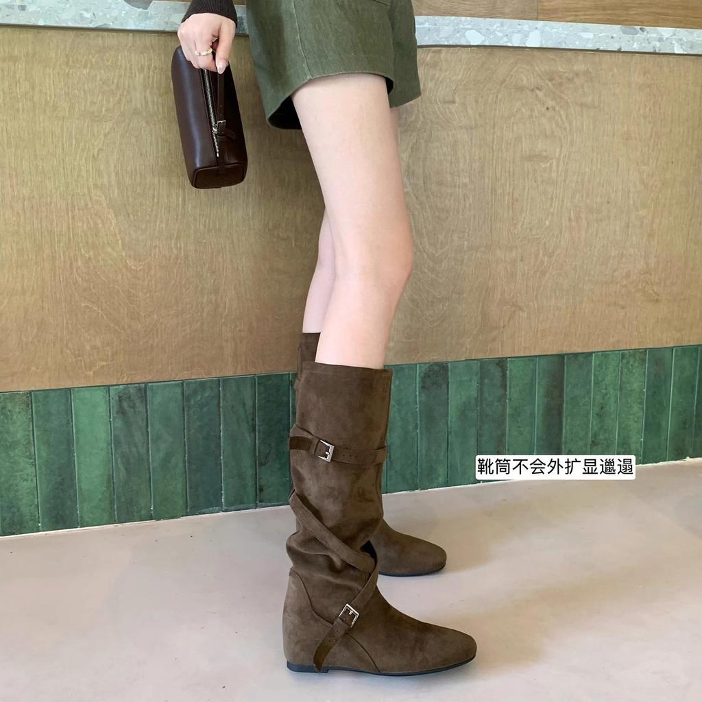 Inner Height Increase of 6CM~ Leather Retro Stacked Western Cowboy Boots Round Head Buckle with Soft Folds and Thin Medium Boots for Women