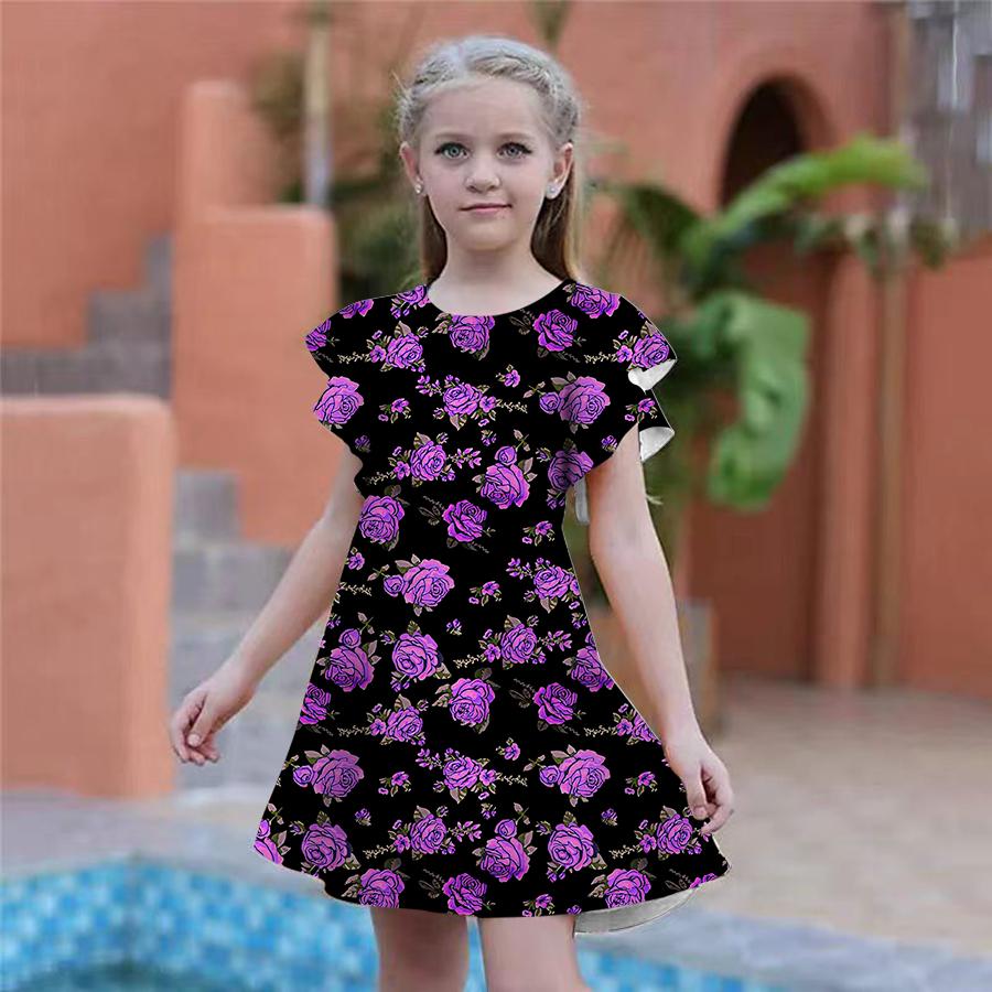 Платья с принтом желтой розы для девочек. Детское праздничное платье для девочек. Свободная облегающая юбка с короткими рукавами для девочек старше четырех лет.