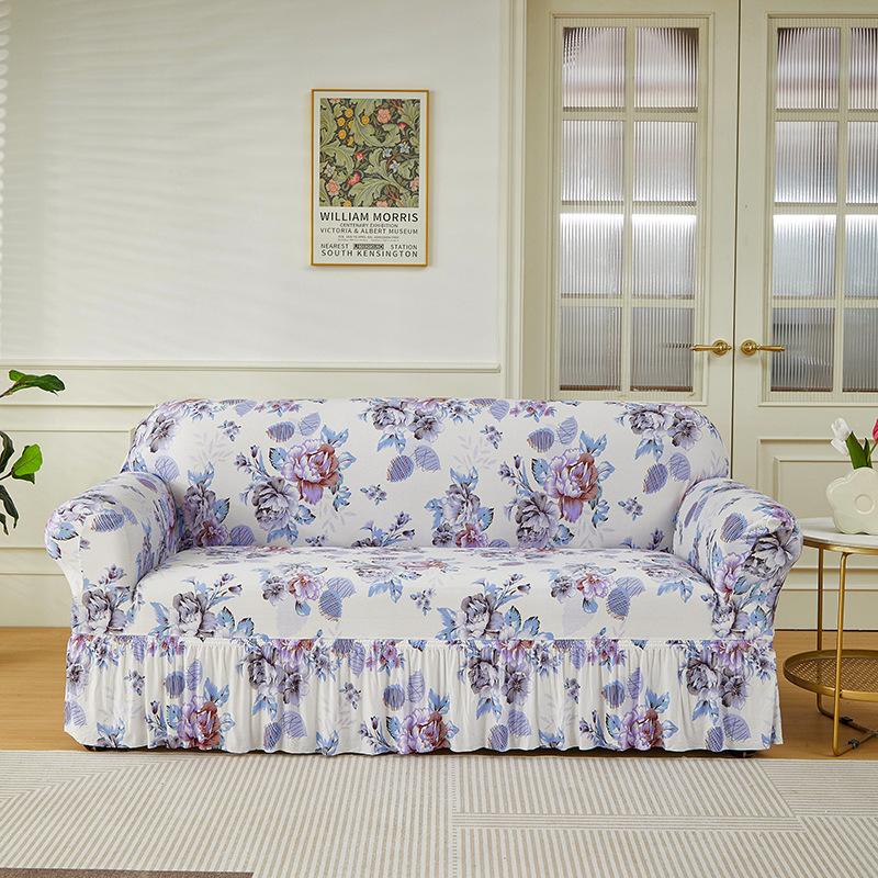 Эластичный чехол на диван с цветочным принтом и юбкой по низу, нескользящая подушка для сиденья с резинкой, чехлы на диван с полным покрытием для всех сезонов