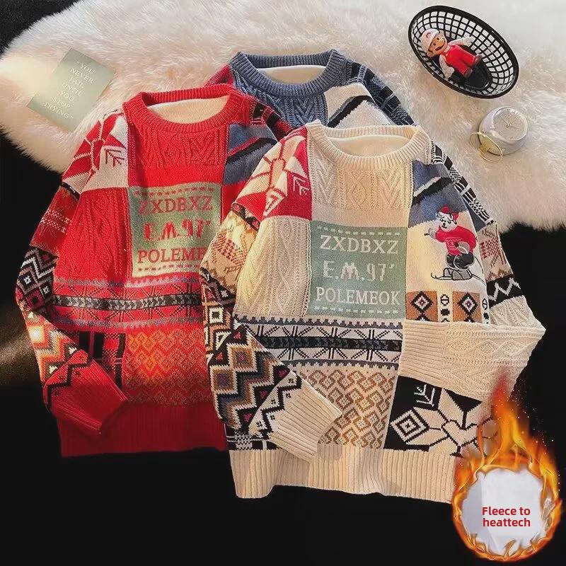 Модный новогодний красный рождественский свитер: Плюс бархатное утолщенное трикотажное пальто