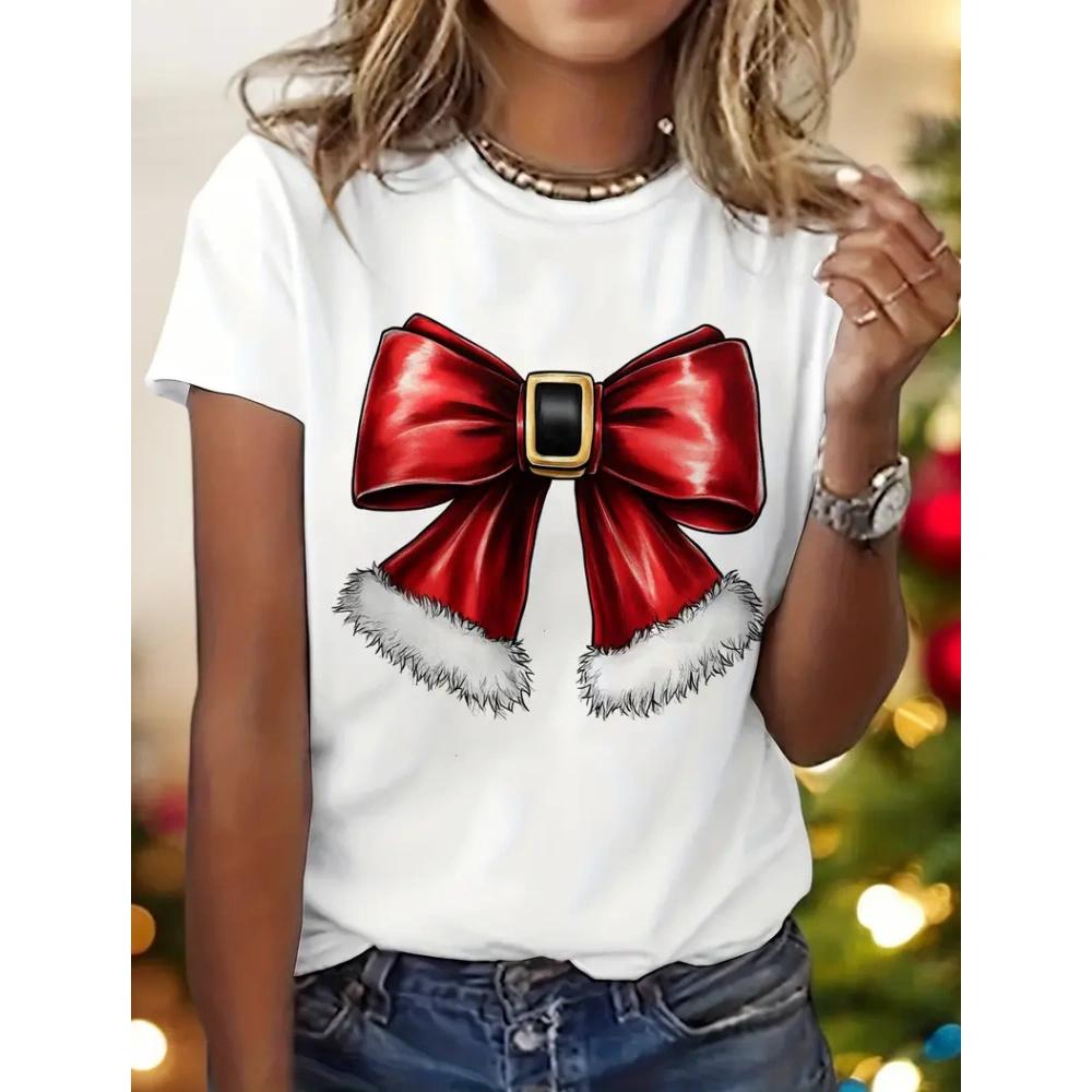 Женская футболка с принтом рождественской елки, летняя одежда с круглым вырезом, модная одежда для рождественской вечеринки с коротким рукавом и 3D-бантом, красная/зеленая, новинка 2024 года