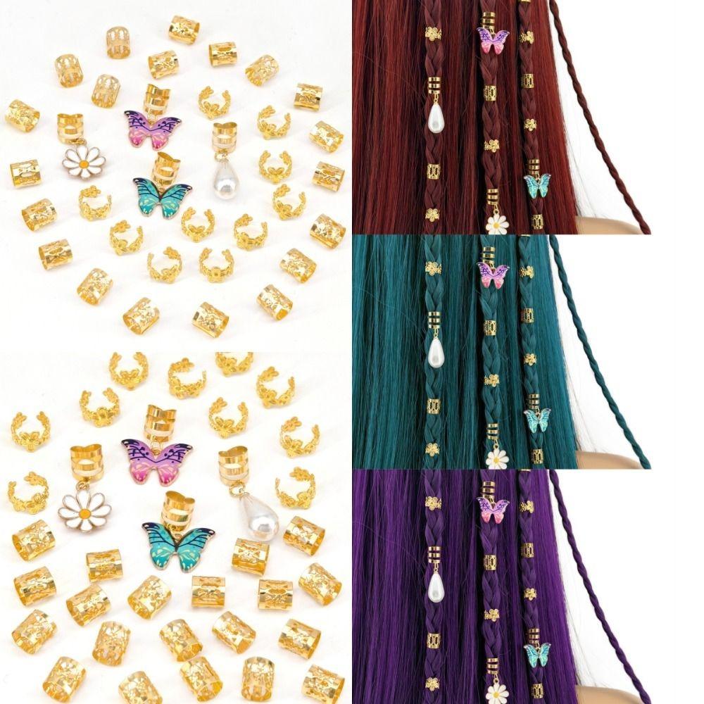 34pcs Dread Locks Hollow Out Hair Ring Butterfly Hair Braid Tubes Gold Dreadlocks Beads  Women