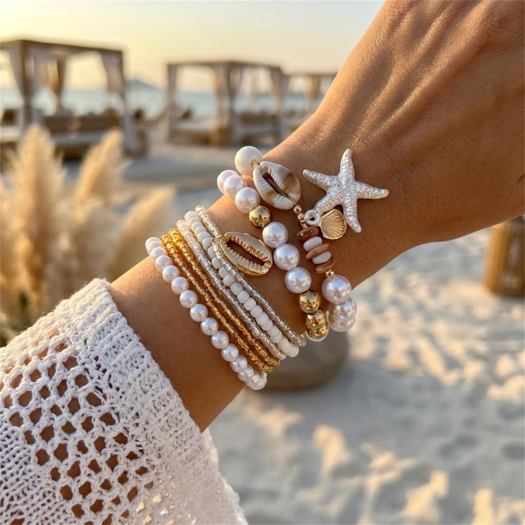 Classic Metal Starfish Shell Multilayer Bracelets Set for Women Handmade Rice Beaded Stackable Bracelets Vacation Jewelry Gift