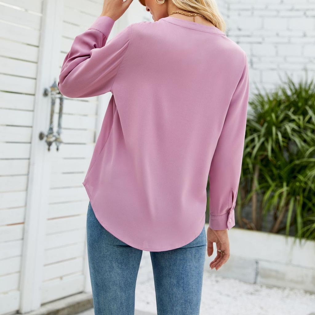 YYFS Женские модные повседневные весенне-осенние однотонные блузки и рубашки с v-образным вырезом и длинным рукавом с принтом