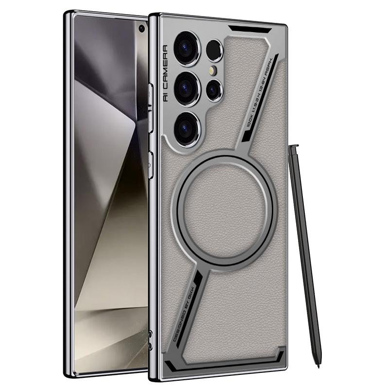 Кожаный чехол с гальваническим покрытием для Samsung Galaxy S24 Ultra с Z-образным дизайном и магнитной беспроводной зарядкой