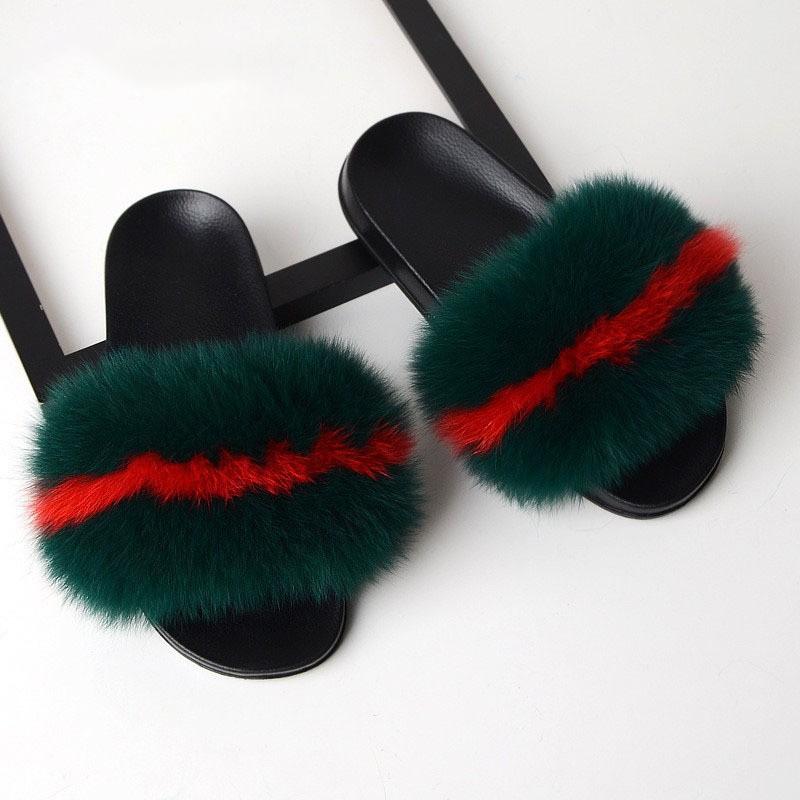 Furry Slippers for Women The Same Style In Summer Real Fox Fur Slippers Plus Size Female Sandals
