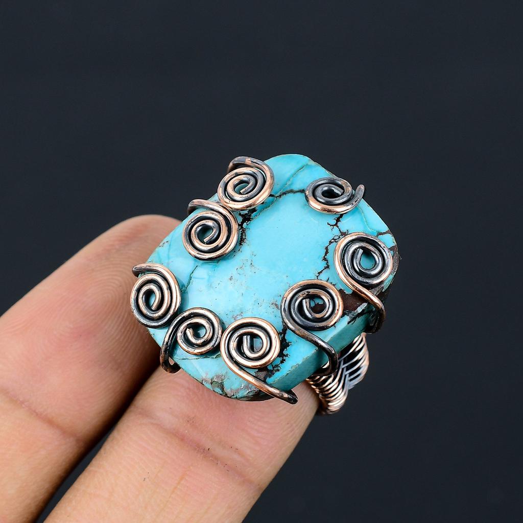 Кольцо ручной работы из медной проволоки с натуральным тибетским бирюзовым камнем, размер 6, O5E41