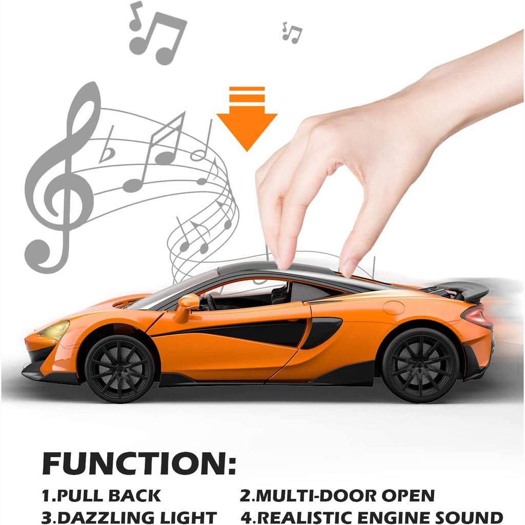 1:32-масштабная металлическая модель автомобиля McLaren 600LT, машинки с откатным механизмом со звуком и светодиодами, литые игрушечные машинки, подарок на день рождения для мальчиков и девочек