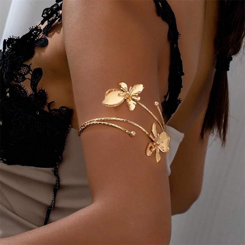 Vintage Elegant Gold Color Floral Arm Cuff Bangle for Women Trendy Adjustable Spiral Upper Arm Bracelet Summer Beach Jewelry