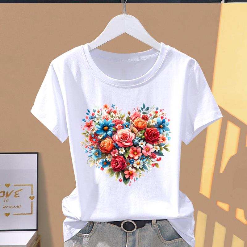 (Osiyo o'lchami) Qisqa yengli futbolkalar trend T yoqimli gul naqshli gul Kiyim Moda Print Ayollar Kundalik Ayollar Top Grafik Futbolka