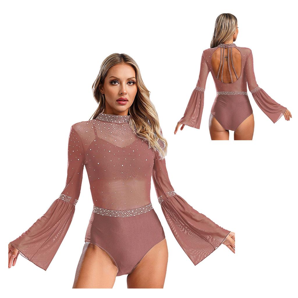 Женская лоскутная расклешенная рукава с открытой спиной, блестящая танцевальная одежда со стразами для гимнастики, джаза, латиноамериканского фигурного катания, балета