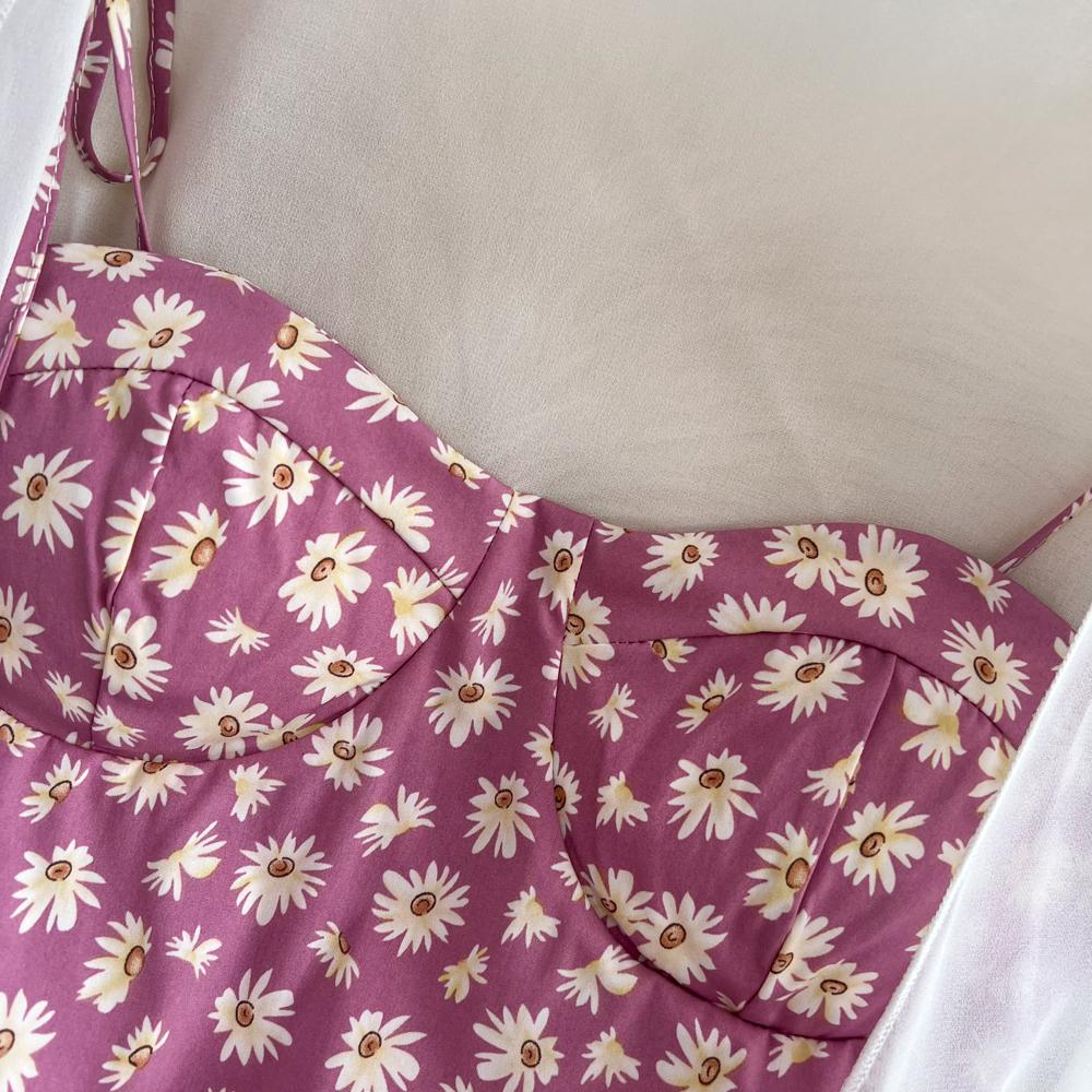 Women Summer Floral Print Two Piece Slim Vacation Elegant Ladies A Line Short Dress