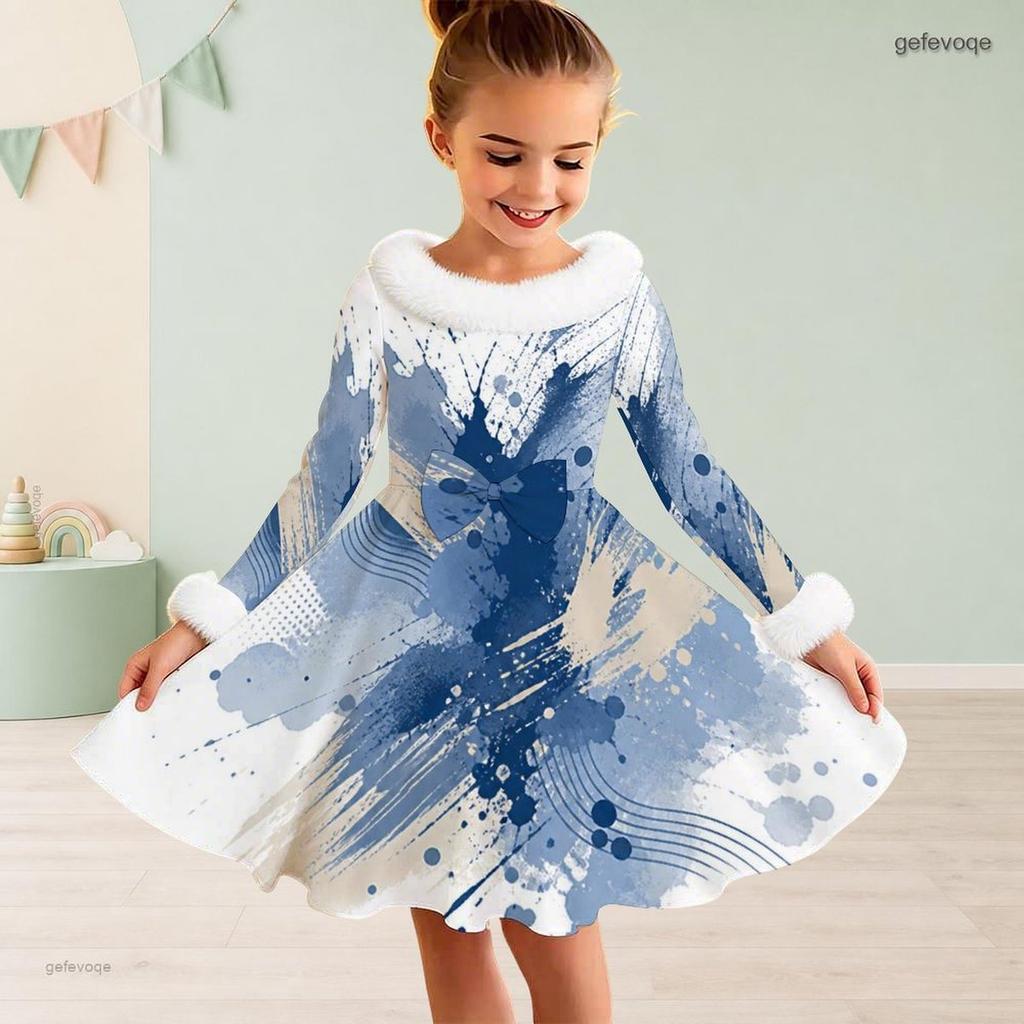 Girls Furry Collar Long Sleeve Beige Black Printed A Line Flared Dress With Bow