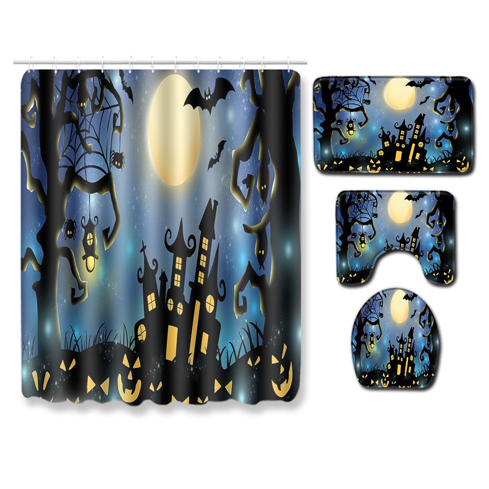Halloween Shower Curtain Floor Mat Combination Four-Piece Set Bathroom Toilet Carpet Shower Room Foot Mat