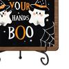 Retro Wood Grain Sign Halloween Wooden Table Sign, Cute Ghost Boo Plaque with Indoor Bathroom Ornament Metal Stand for Desk Shelf Home Decor