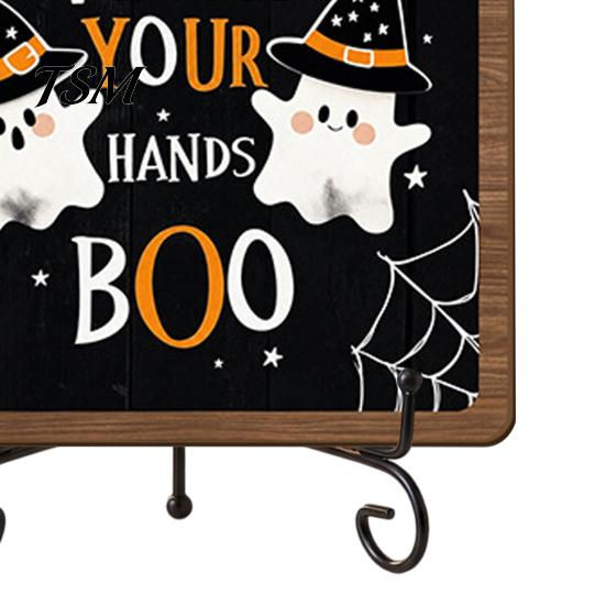 Retro Wood Grain Sign Halloween Wooden Table Sign, Cute Ghost Boo Plaque with Indoor Bathroom Ornament Metal Stand for Desk Shelf Home Decor