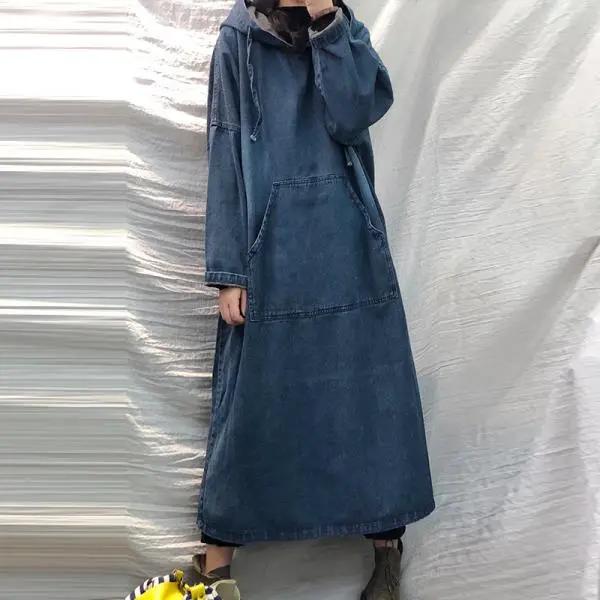 Women Spring Autumn Long-sleeved Denim Dress Female Button Pocket Vintage Casual Baggy Ladies Streetwear Midi Robe
