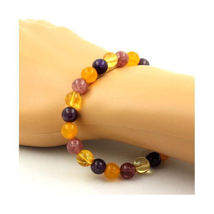 Pierres et Minéraux. Bracelet Perles Citrine + Améthyste + Lépidolite + Agate jaune 8 mm. Fabriqué en France.