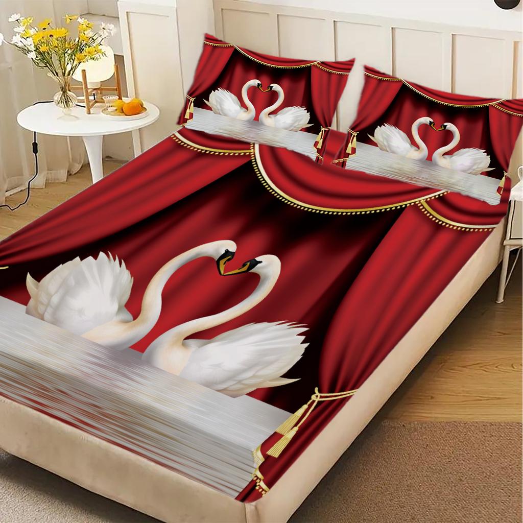 3pcs White Red Fitted Sheet 3D Printed Romantic Swan Couple For Couples Gifts Flat Sheet With 2 Pillowcases Bedroom Decor