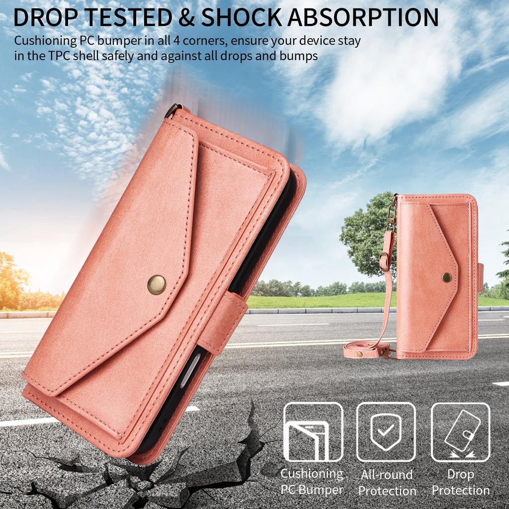 For iPhone 16 Leather Case Magnetic Closure Wallet Stand Phone Cover with Crossbody Strap