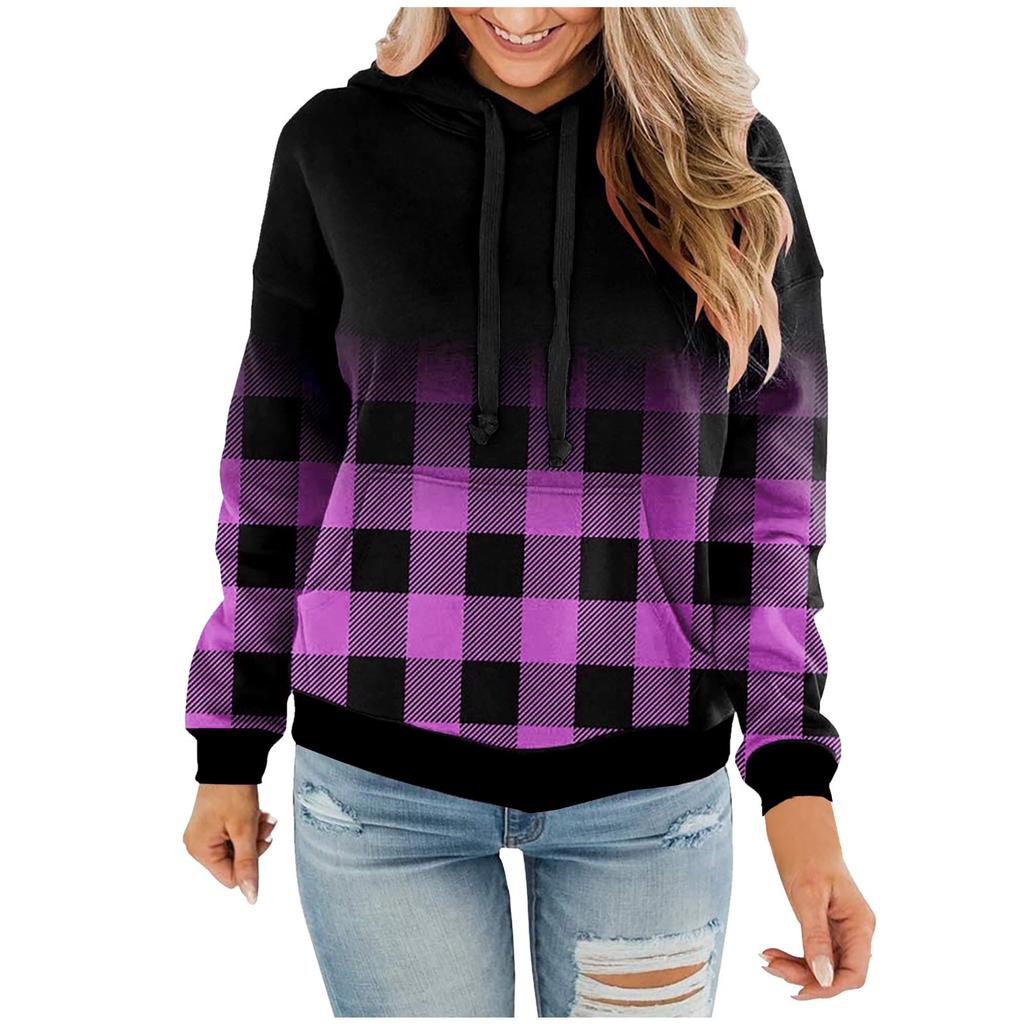 Ladies Hooded Plaid Print Long Sleeve Sweatshirt Loose Women Drawstring Sweatshirt