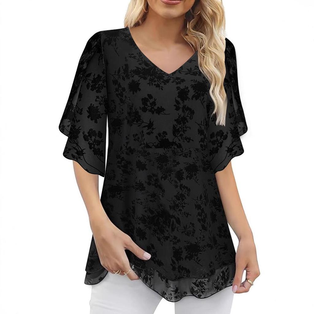 Женский летний топ с рукавами три четверти, расклешенными книзу, с V-образным вырезом, приталенный, из эластичной сетки с двухслойным флокированием