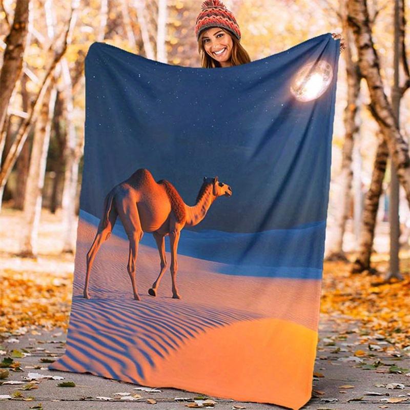 Realistic Camel Desert Dune Moon Night Landscape Pattern Flannel Fleece Blanket Warm Plush Bed Throw for Living Room