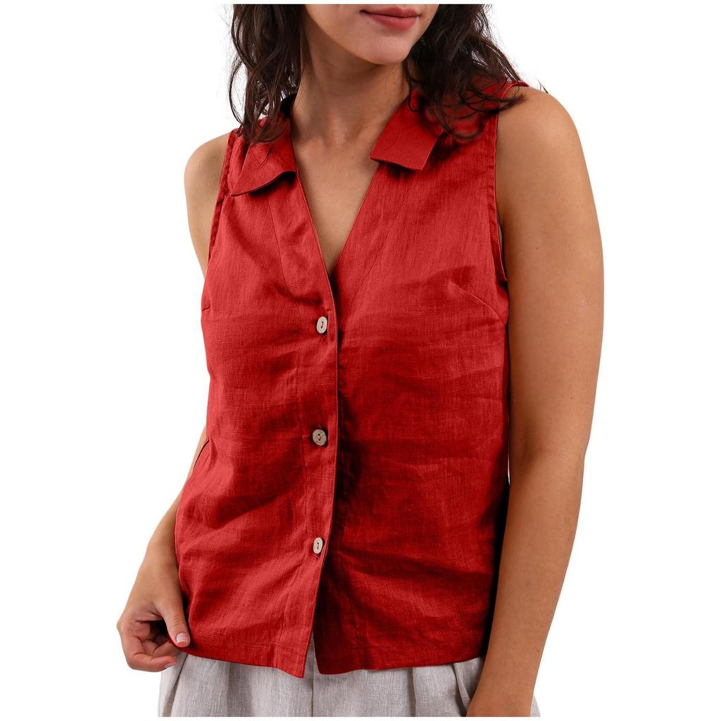 Women's Fashion Loose Solid Color Cotton And Linen Buttoned Lapel Vest Casual Shirt Top