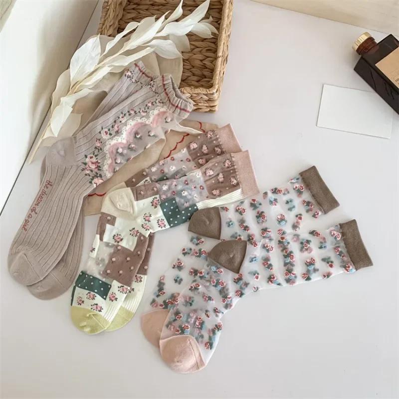 Summer Women Socks Ultra-thin Transparent Crystal Silk Socks Women Cartoon Print Japanese Kawaii Cute Funny Elastic Long Socks