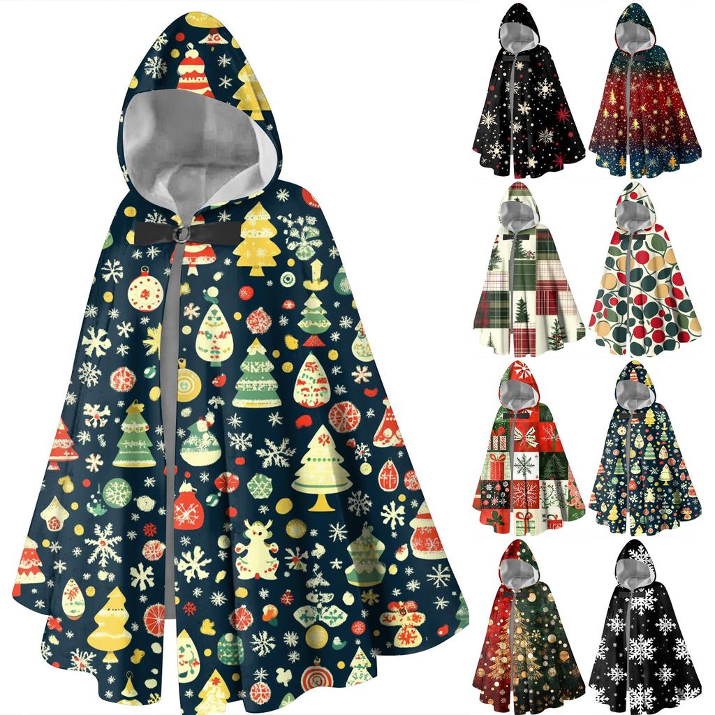 Christmas Print - Unisex Retro Vertical Cape Long Hooded Cape