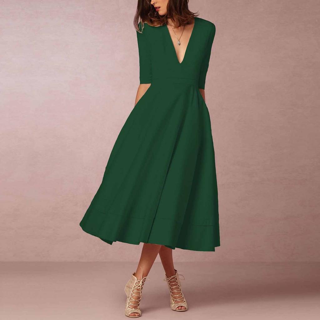 Women's Fashion Banquet Mid-sleeve Mid-length Skirt Sexy V-neck Dress