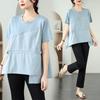 2025 Summer Plus Size T-Shirt Vintage Women Short Sleeve Asymmetrical Solid Short Loose Tops Tees