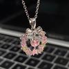 17KM Sweet Pink Zircon Pendant Necklace Heart Bow Chain Choker for Women Jewelry Accessories