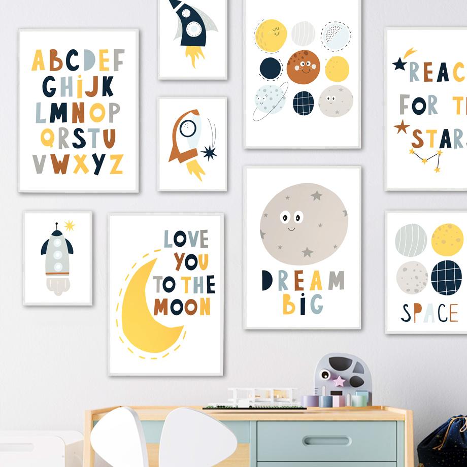Космическая ракета, планета, звезда, мультяшный алфавит, цитаты из снов, художественная картина на холсте, плакаты на скандинавскую тему, принты, настенные панно, декор для детской комнаты, без рамки