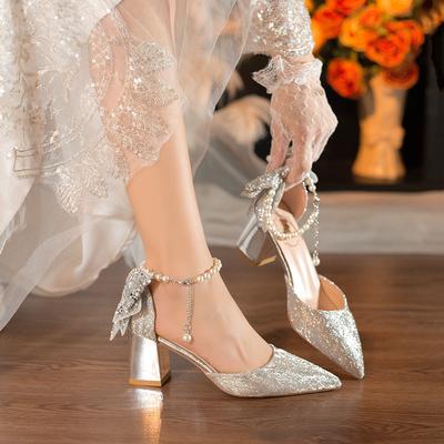 Мода Новые Летние Роскошные Женские Жемчужные Туфли на Высоком Толстом Каблуке, Босоножки на Высоком Каблуке с Бантом Принцессы для Вечеринки, Свадьбы, Обувь Большого Размера Zapatos Mujer