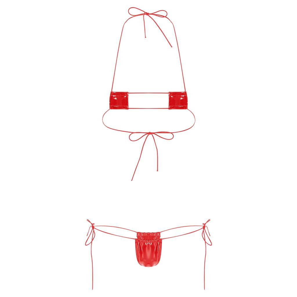 Womens Wet Look Halter Bikini Set High Shine Micro G-string with Adjustable Lace-Up Bra