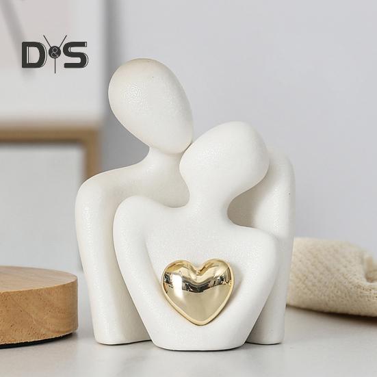 Ceramic Couple Hug Figurine with Golden Love Heart Men Women Embrace Statue Sculpture Living Room Bedroom Desktop Decoration Wedding Anniversary Gifts