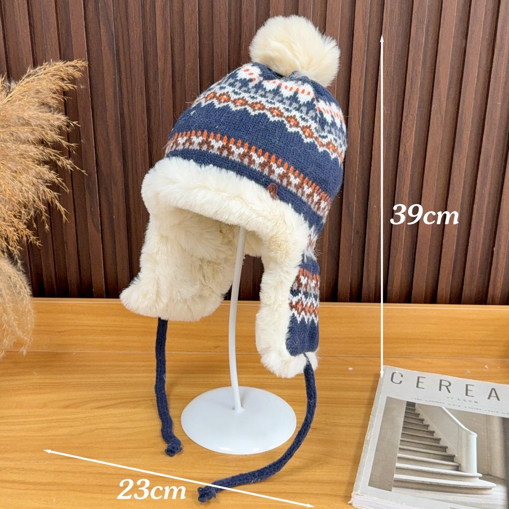 Thermal Ear Flap Hat for Women Winter Knitted Beanie with Fleece Lining Windproof Cold Weather Keep Warm Cap for Outdoor Sports