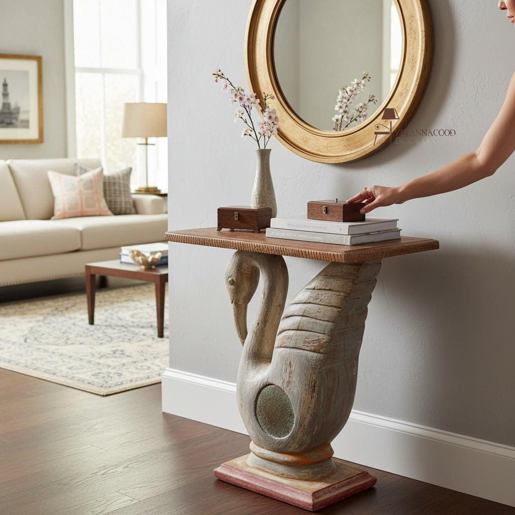 Handicrafted Swan Design Wooden Side Table | Carved Bird Accent Table with Textured Top | Artisan Furniture Piece, Coffee Table Art Decor