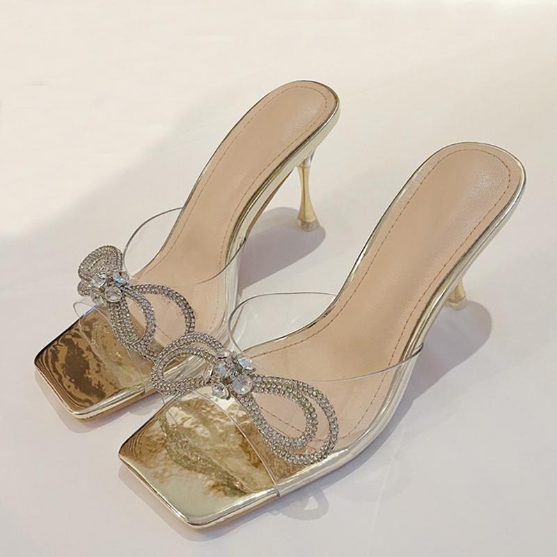 Liyke Thin High Heels Women Transparent Slippers Runway Style Glitter Rhinestones Bowknot Summer Clear Slides Shoes Gold Sandals