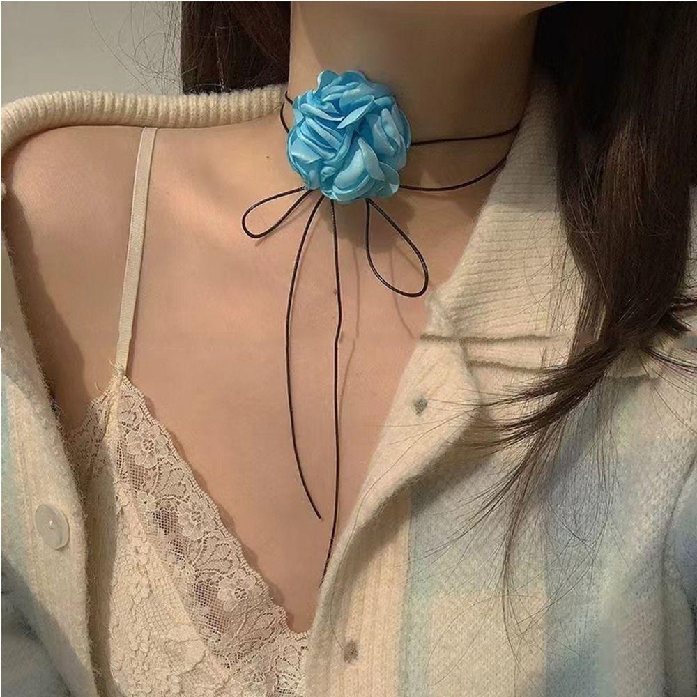 Cloth Big Flower Choker Lace-up Rope Knot Clavicle Chain Exquisite Flower Necklace  Women