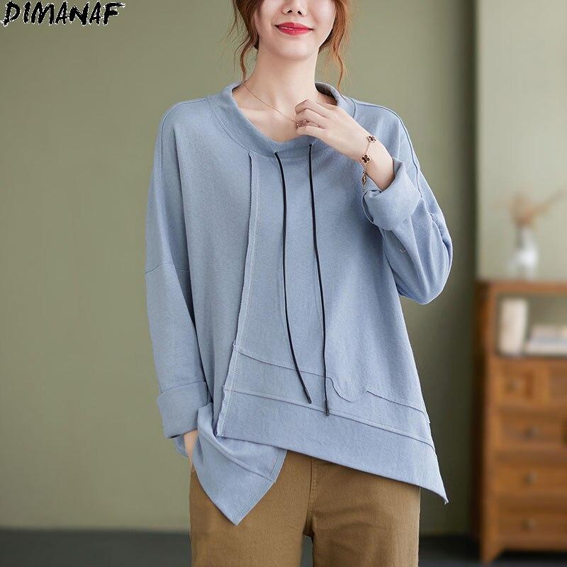 Dimanaf 2021 футболка, женская осенняя водолазка с длинным рукавом, хлопковые толстовки, корейская свободная одежда, белый топ с круглым вырезом, однотонные футболки