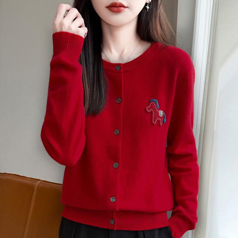 Womens Round Neck Long Sleeve Pony Design Knit Cardigan Sweater Outerwear