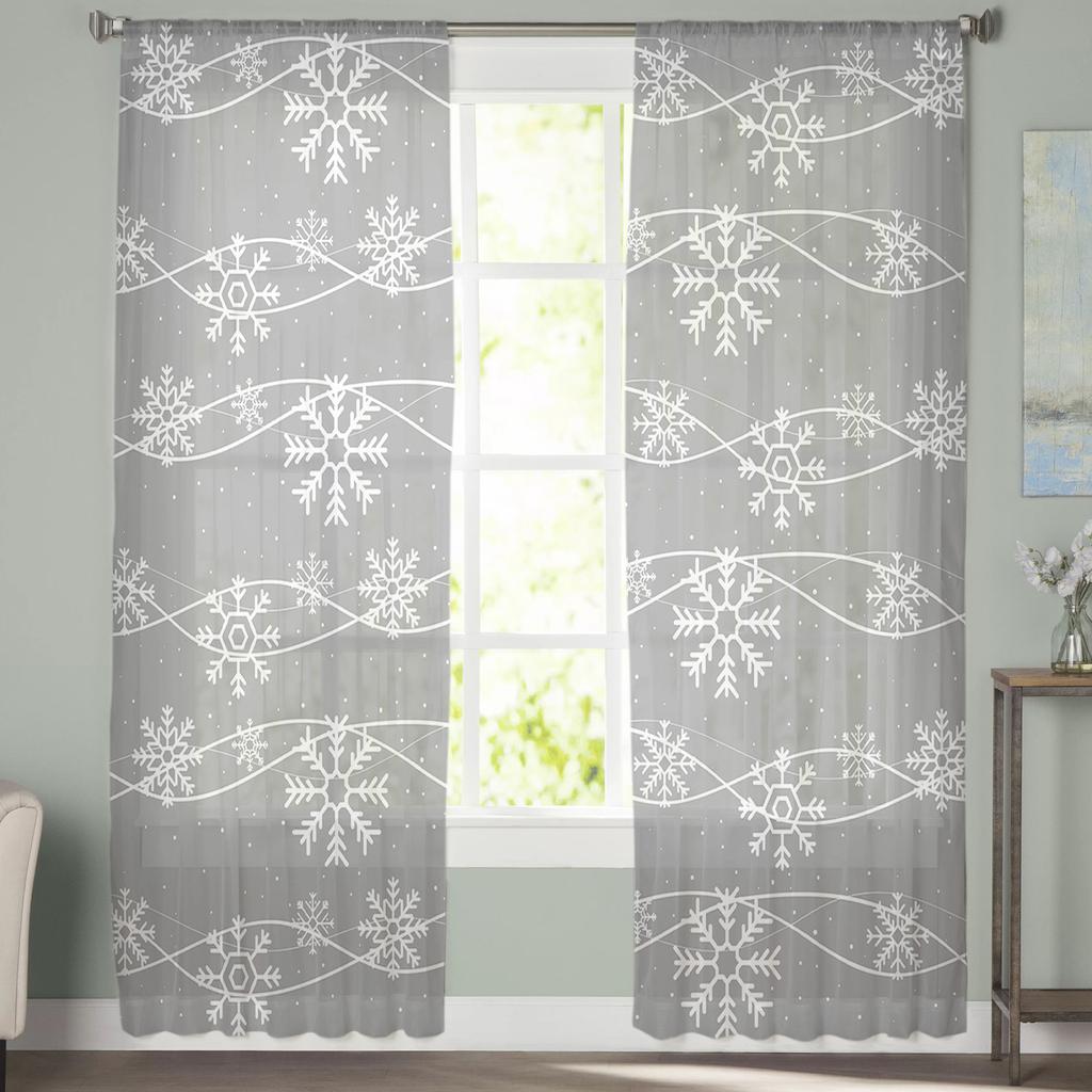 Winter Snowflakes Grey Background Sheer Curtains For Kids Bedroom Living Room Voile Curtains Xmas Kitchen Tulle Curtain