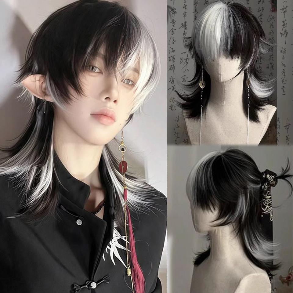 Черный длинный прямой синтетический парик с кефалью, волчий хвост, многослойный пушистый женский и мужской парик для повседневной вечеринки, парик для косплея Лолиты