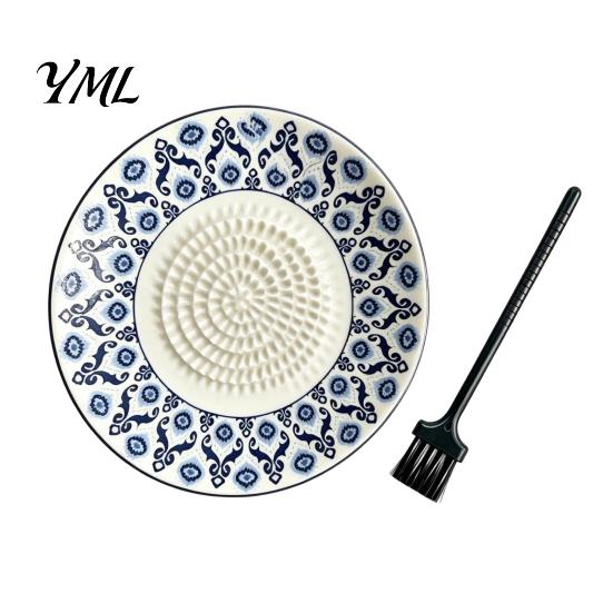 Handheld Vegetable Grinder Ceramic Garlic Ginger Grater, 2-in-1 Manual Shredder Plate for Kitchen Cooking, Flat Spice Chopper Base Easy-Clean