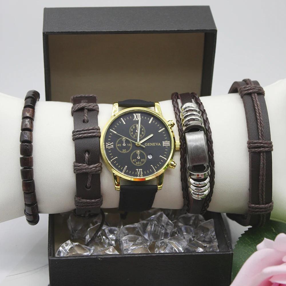 Набор из 5 предметов, мужские роскошные часы, кварцевые часы, ударопрочные кожаные ремешки, часы с хронографом, спортивные мужские часы, в комплекте коробка с браслетом