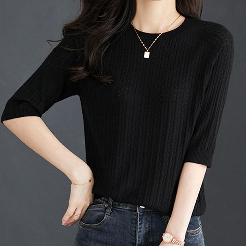 Женские свитера, пуловеры, 2025, лето, короткий рукав, О-образный вырез, черный вязаный свитер, женские топы, пуловер JJ142